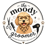 The Moody Groomer logo, a doodle wearing glasses